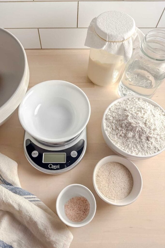 ingredients in bowls and a kitchen scale