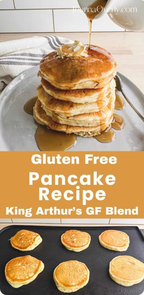 stack of gluten free pancakes on a plate and some on an electric griddle