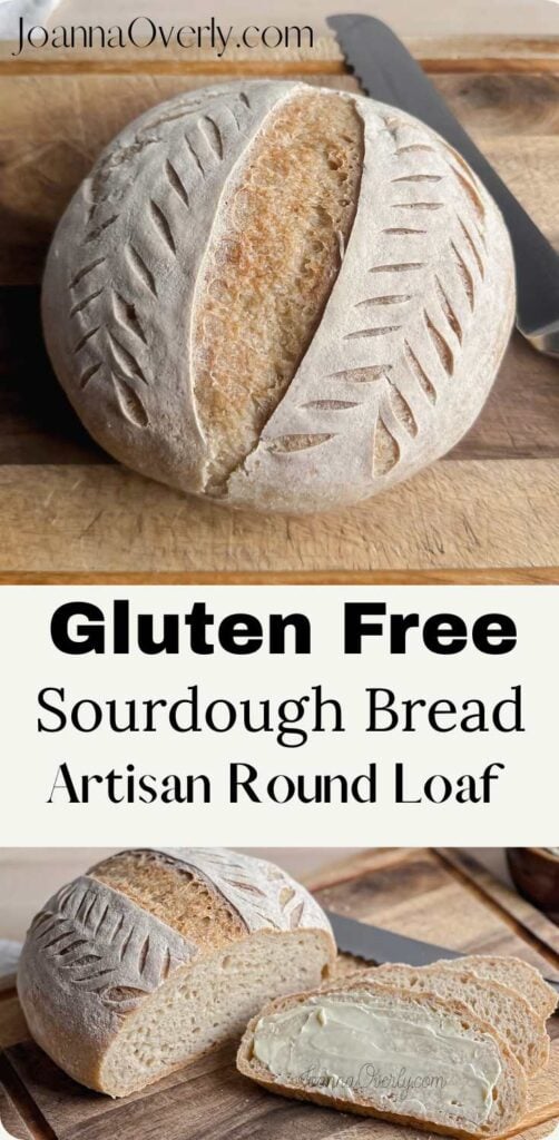 gluten free sourdough artisan round loaf bread on cutting board