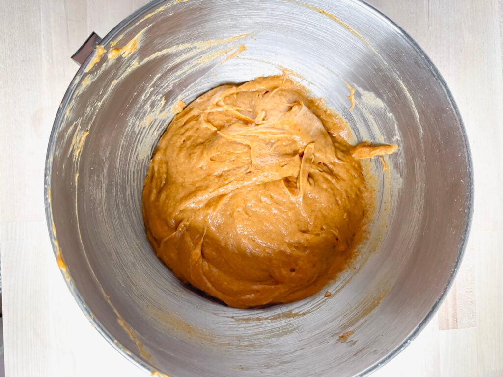 large stainless steel mixing bowl with gluten free bread dough all mixed together