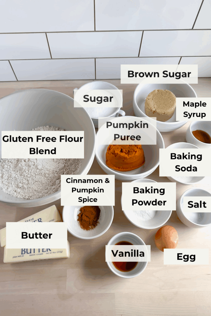 ingredients on counter with labels for gluten free pumpkin cookies