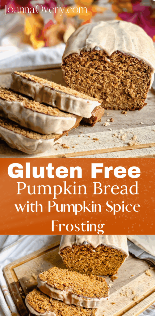 loaves of gluten free pumpkin bread on cutting board with pumpkin spice glaze running down the sides