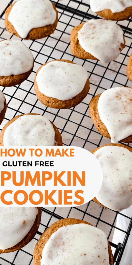 gluten free pumpkin cookies on a cooling rack that are frosted with vanilla maple white frosting