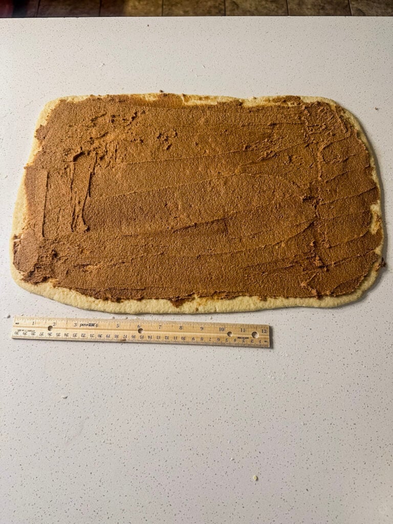 gf sourdough roll dough rolled out and topped with cinnamon filling