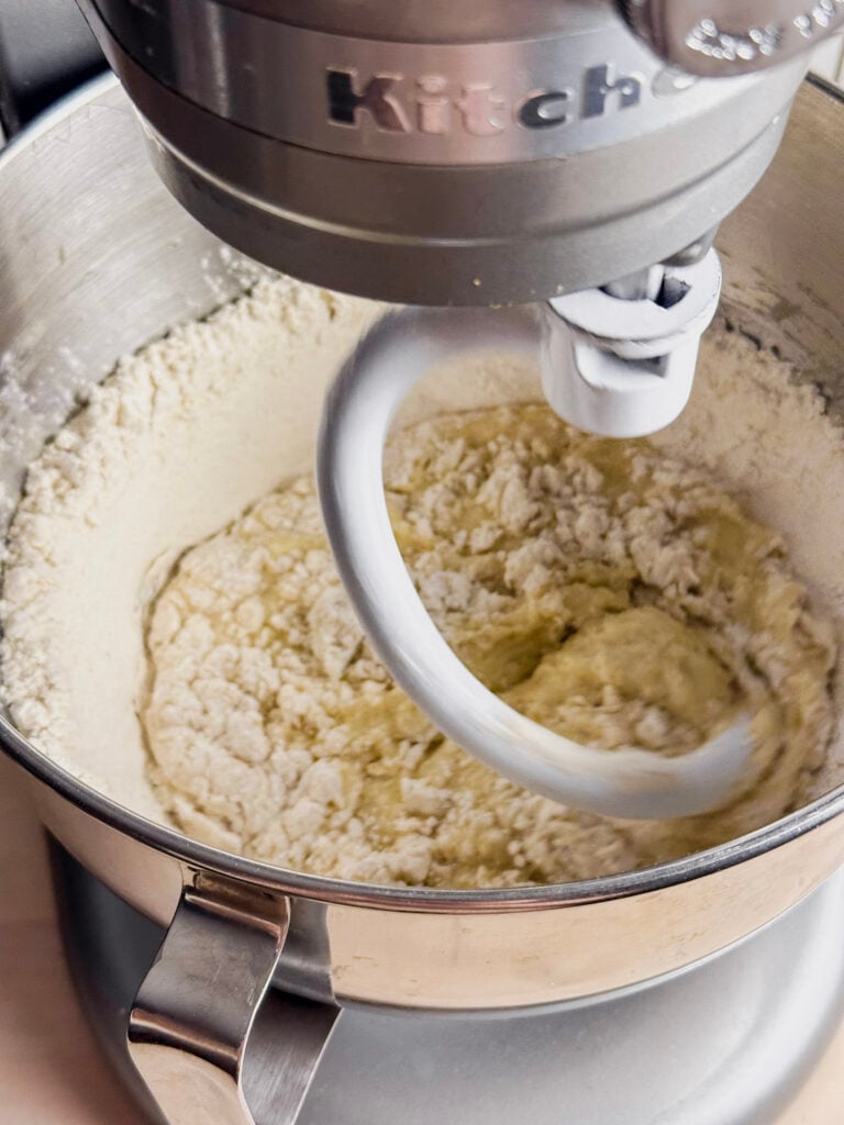 stand mixer with kneading hook starting to mix together the wet and dry ingredients