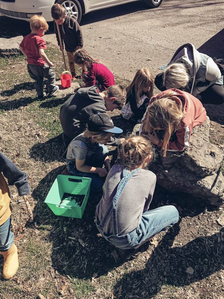 kids digging for worms outside at our homeschool nature group outside