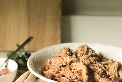 simple instant pot shredded Mexican chicken in bowl on kitchen counter