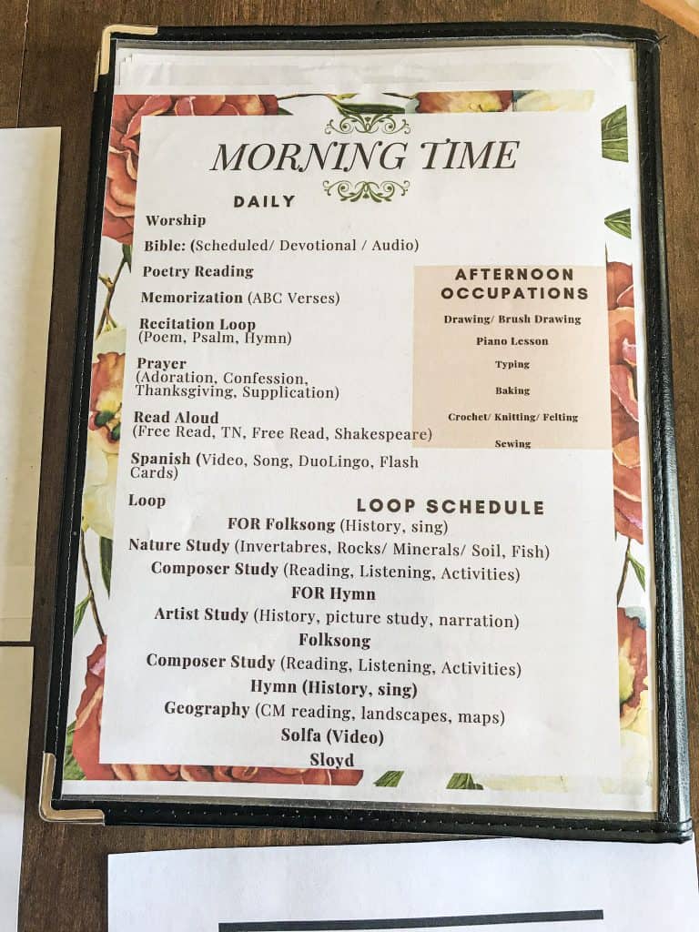 schedule page inside of a morning time menu