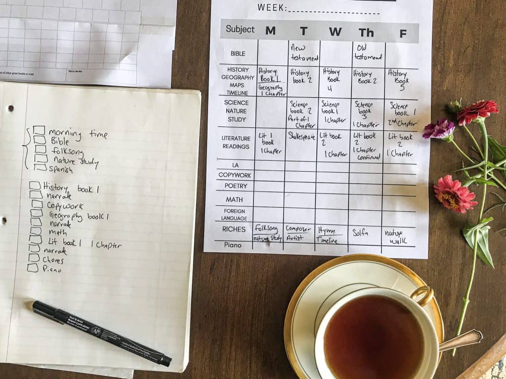 tea cup filled with tea, flowers and Ambleside Online schedules laying on table