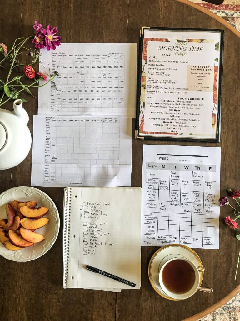 flat lay on table top with flowers, tea pot, tea cup and Ambleside Online schedules 