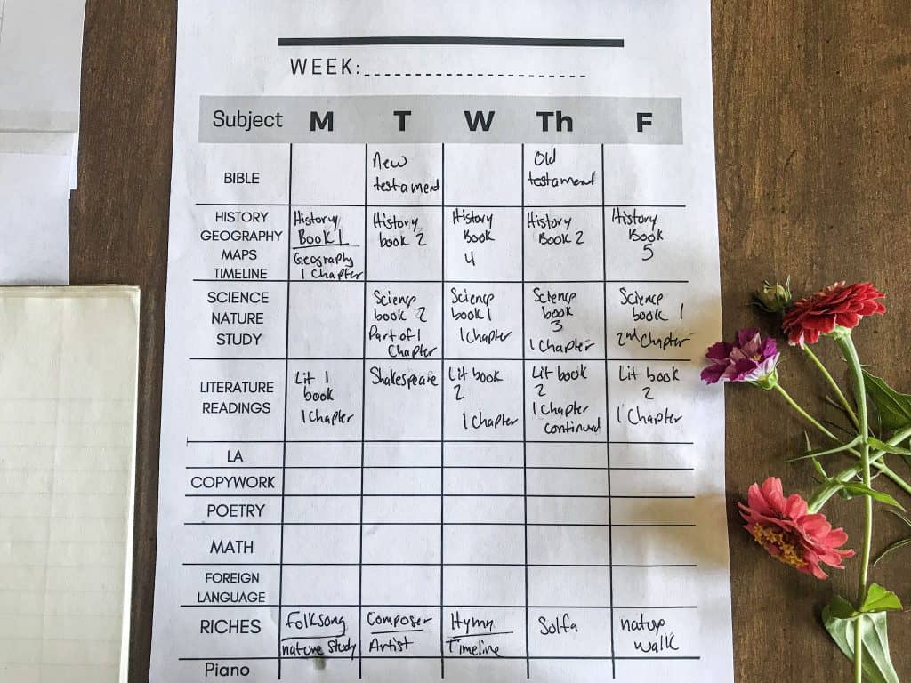 close up image of filled out Charlotte Mason weekly schedule with flowers on table