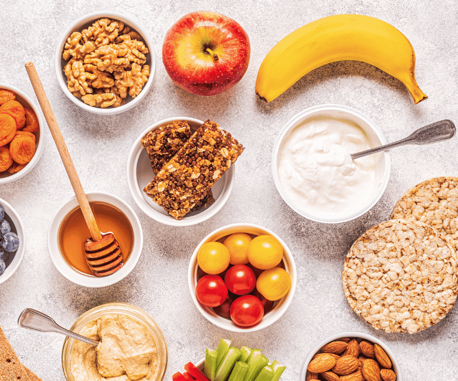 fruits vegetables rice cakes df yougurt banana apple on counter