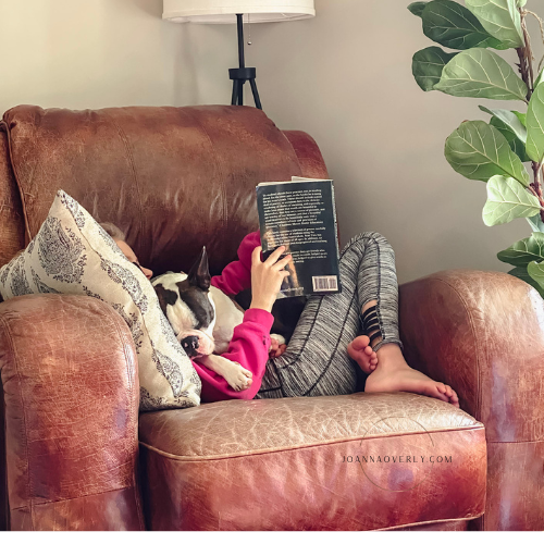 child sits in brown leather chair, holding a dog while reading a book during morning time for homeschool with multiple ages