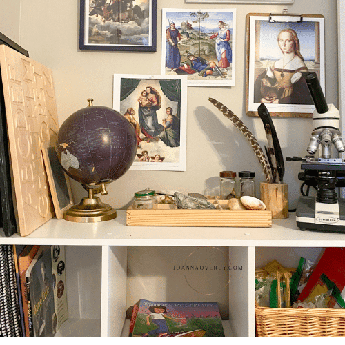 a shelf holds nature treasures from homeschooling multiple ages