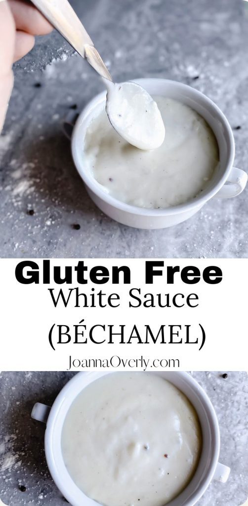 pinterest pinable image of gluten free white sauce with spoon