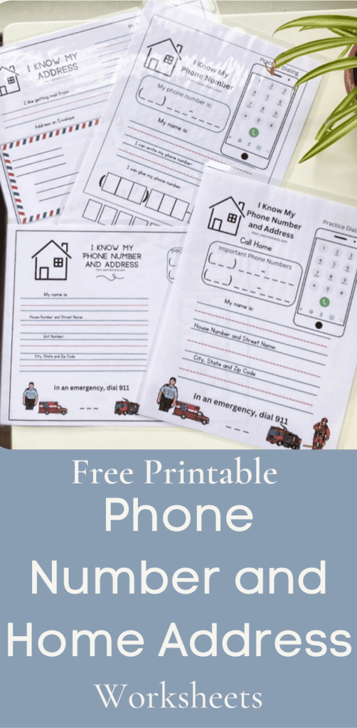 pinterest graphic for free printable phone number and home address worksheets with them laid on a white desk with a green plant in the corner