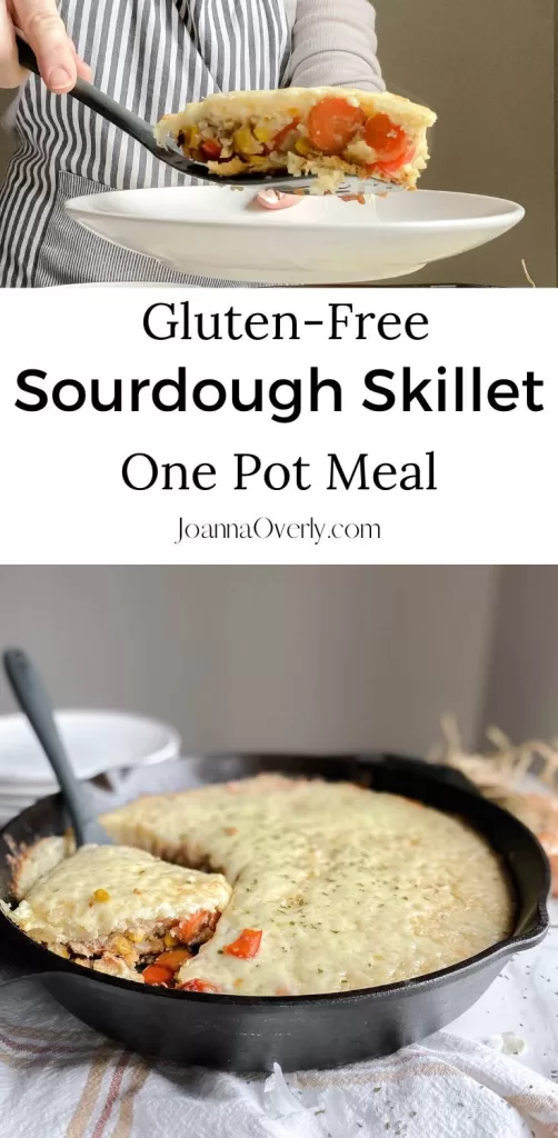 pin this image on pinterest gluten free sourdough skillet meal on counter and being served onto a plate.
