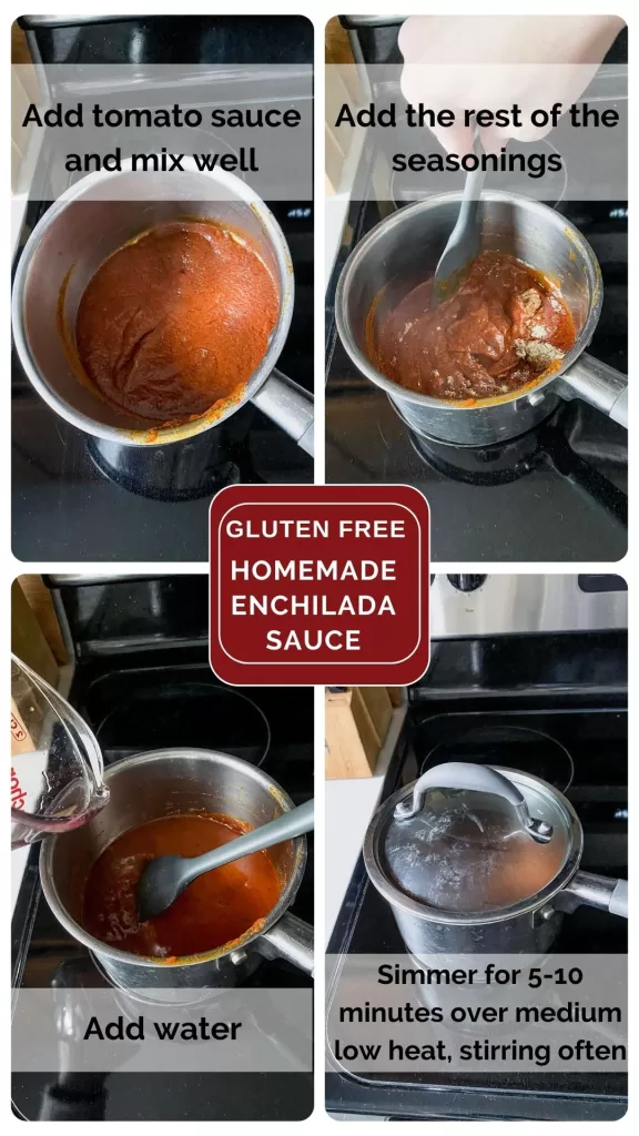 add tomato sauce, whisk well and add the other spices, add water and then simmer on low while stirring often. Replace lid when not stirring. 