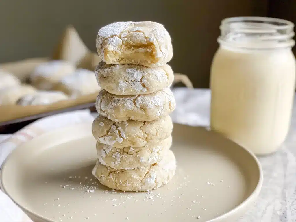 multiple gluten free gooey butter cookies stacked on a plate with milk in background.