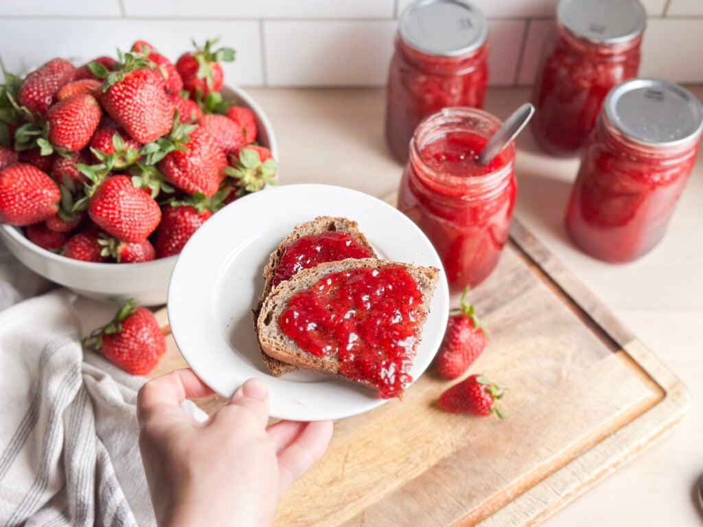 strawberry jam on a slice of gluten free bread