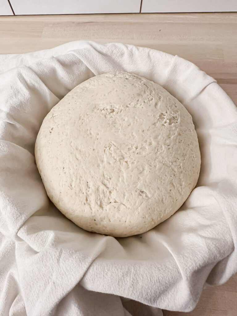 proofed gluten free sourdough bread dough in banneton basket