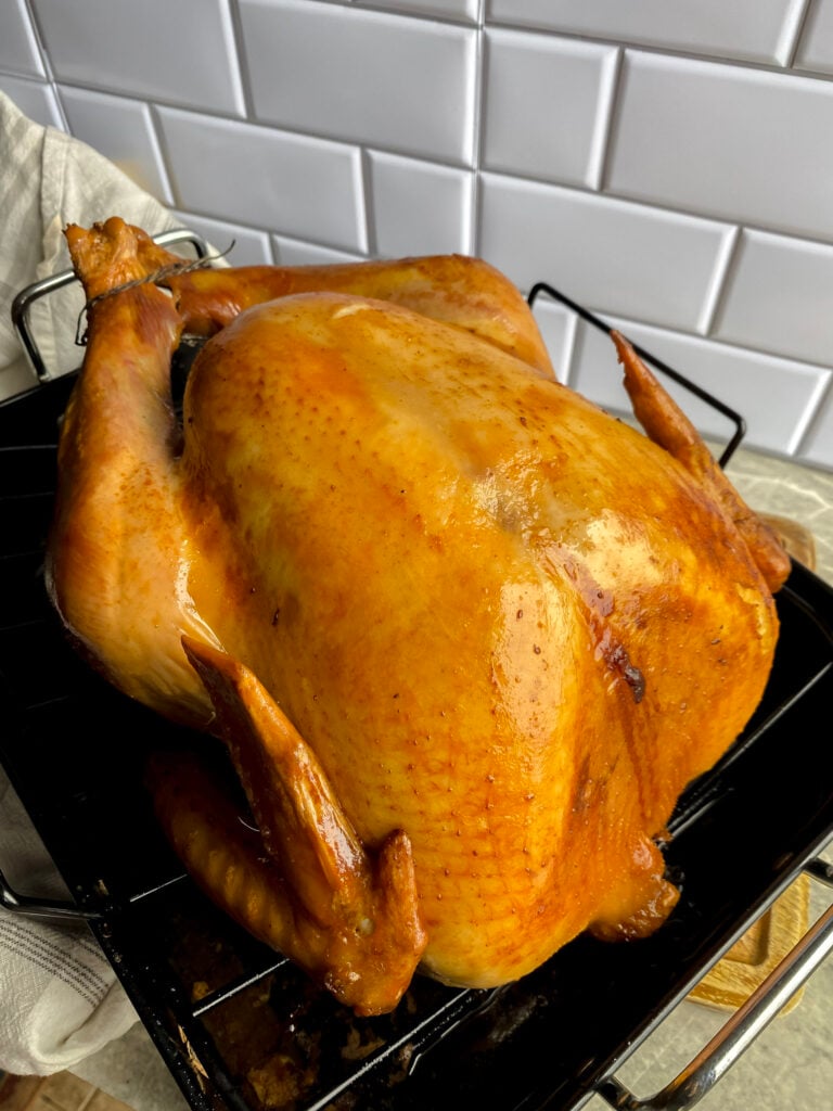 golden brown turkey after using the brining recipe