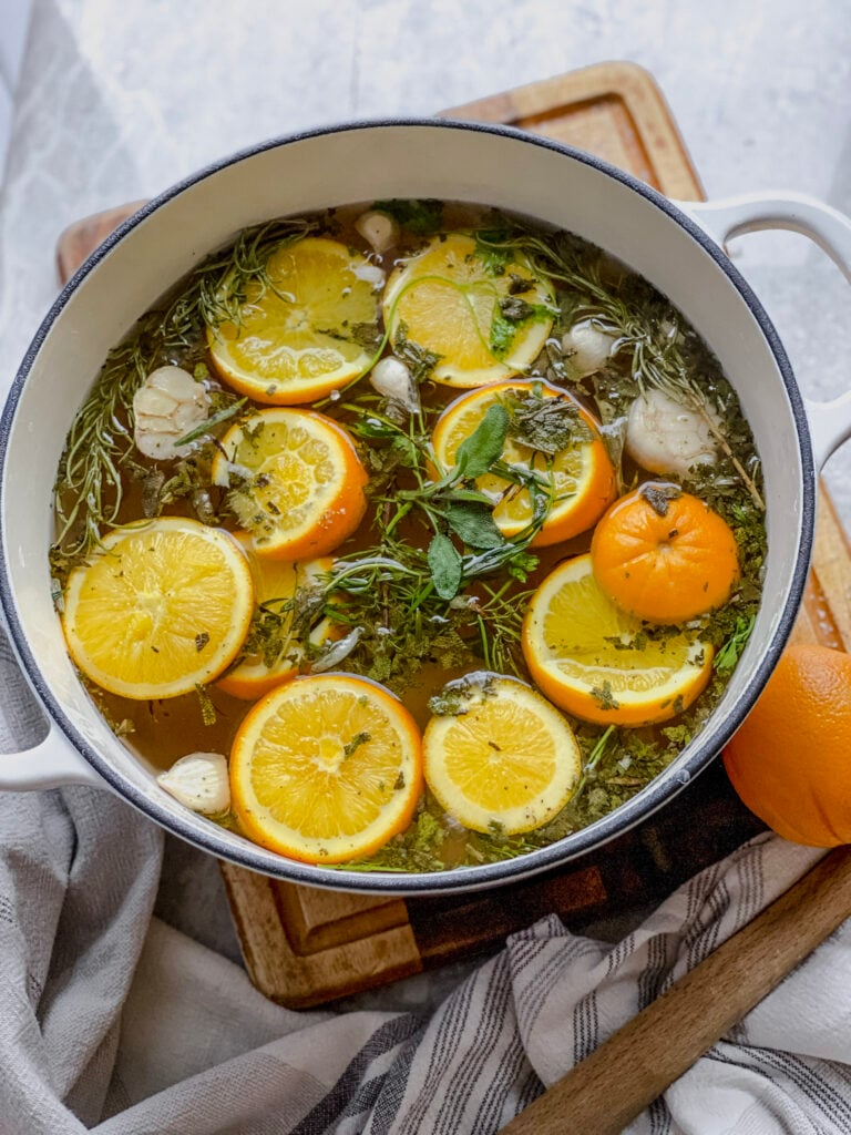 dutch oven with turkey brine simmered in it.