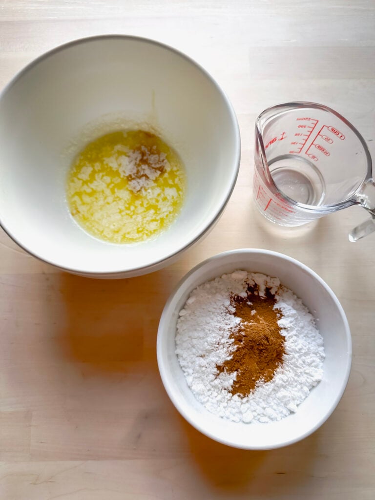white bowls on counter top with ingredients