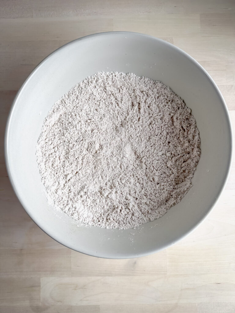 dry ingredients mixed together in white ceramic bowl