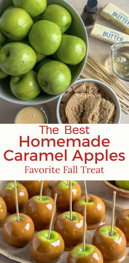 bowl of green apples sits near by ingredients for caramel apples. a tray below holds finished caramel apples on a stick