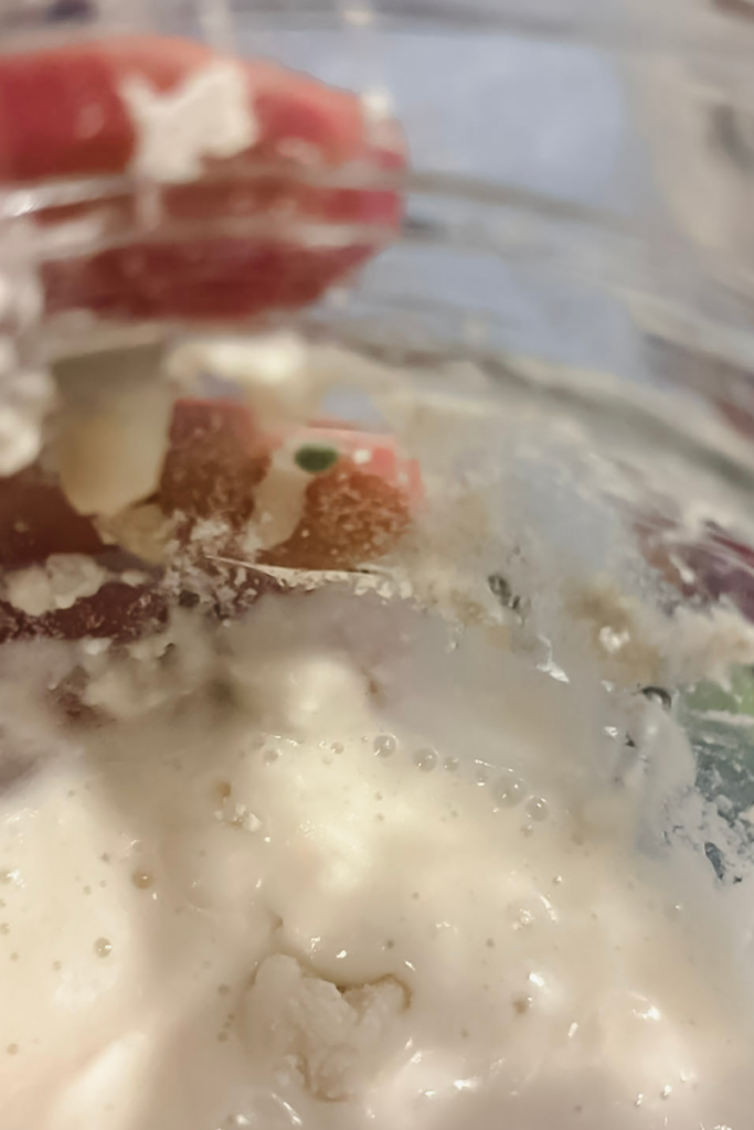 jar of gluten free sourdough starter with spot of fuzzy mold on the side of the jar