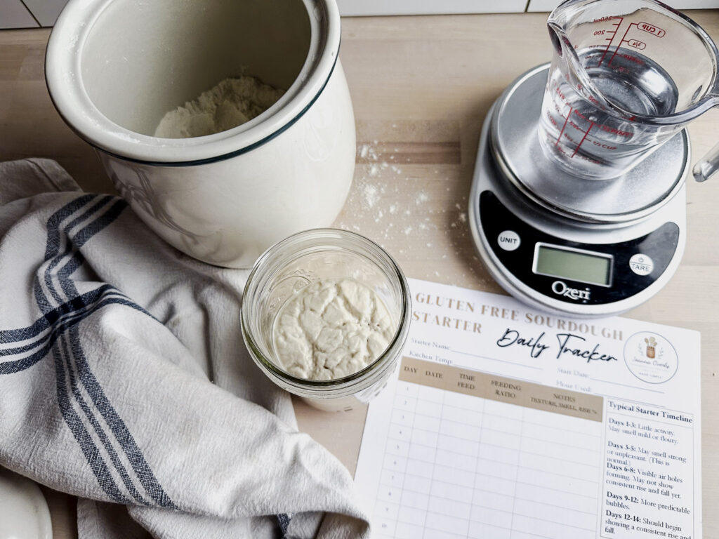 jar of gluten free sourdough sits next to a daily tracker printable