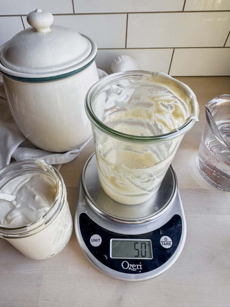 jar of starter next to another jar with the discarded amount in it.