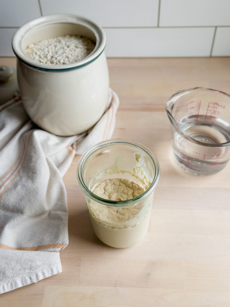 jar of starter with container of brown rice flour and room temperature water near by