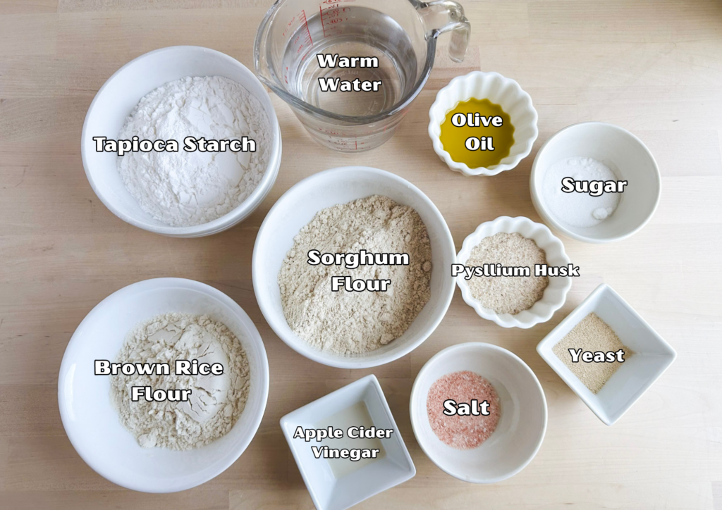 bowls of ingredients for making gluten free pizza crust with yeast