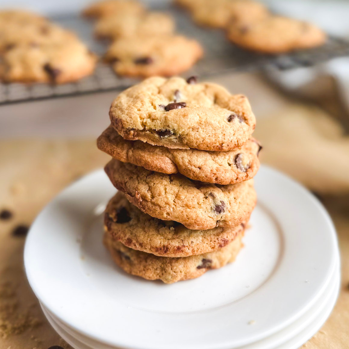 close up of a plate with a stack of chocolate chip cookies on it
